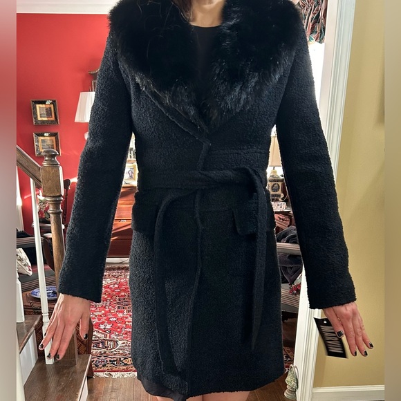 Marvin Richards Black Wool Boucle Belted Faux Fur Collar Coat M (runs small) - Picture 4 of 11